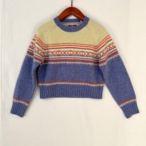 90s Vintage True Mark 100% Wool Blue Green Orange Fair Isle Crop Sweater Large